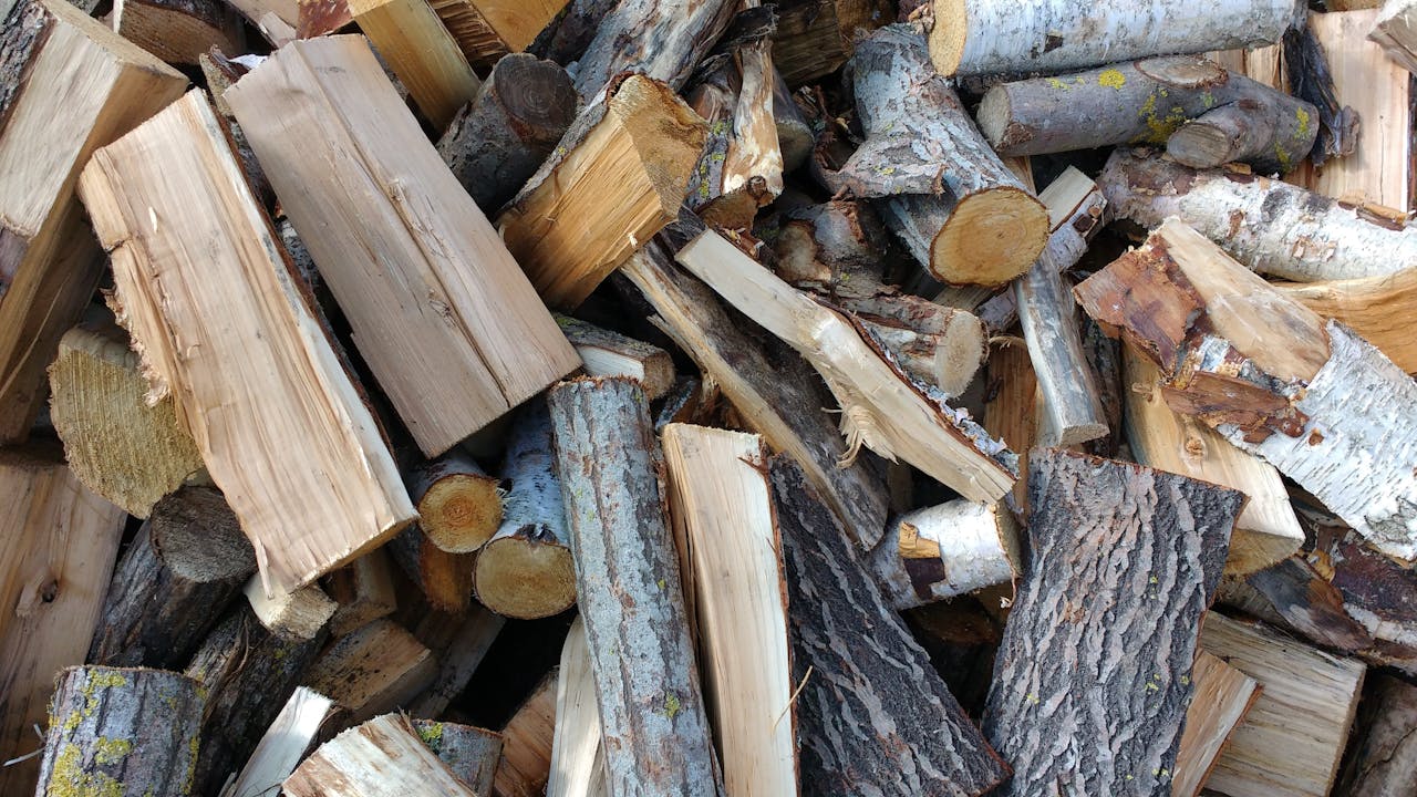 A jumbled pile of firewood for the community firewood woodbank